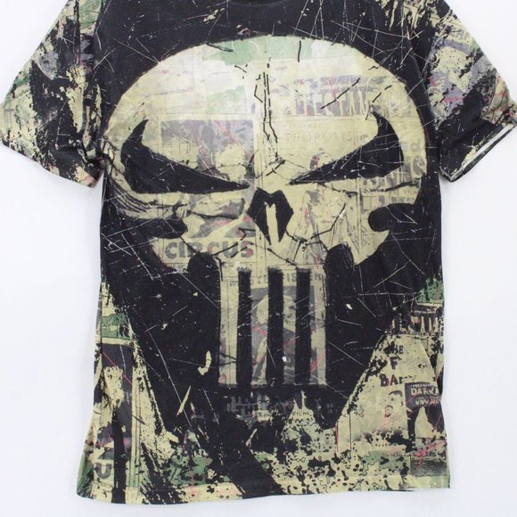 Vintage Marvel Shirt Men Black & Tan Short Sleeve Punisher All Over Print Logo M - Picture 4 of 8
